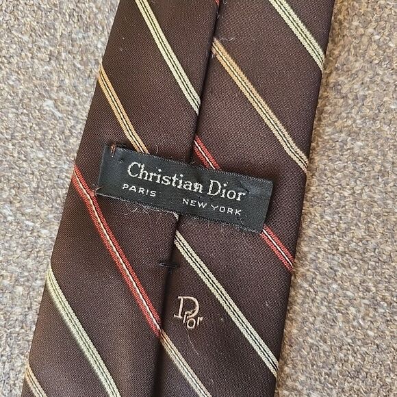 Vintage Christian Dior Brown Repp Striped Silk Tie Embroidered Logo 58" - Picture 6 of 7